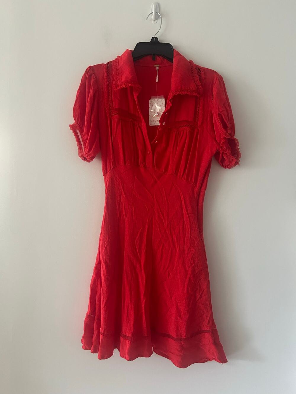 Free People Cherry Crush Warm Glow Red Ruffle Lace Trim Mini Dress NWT Size M